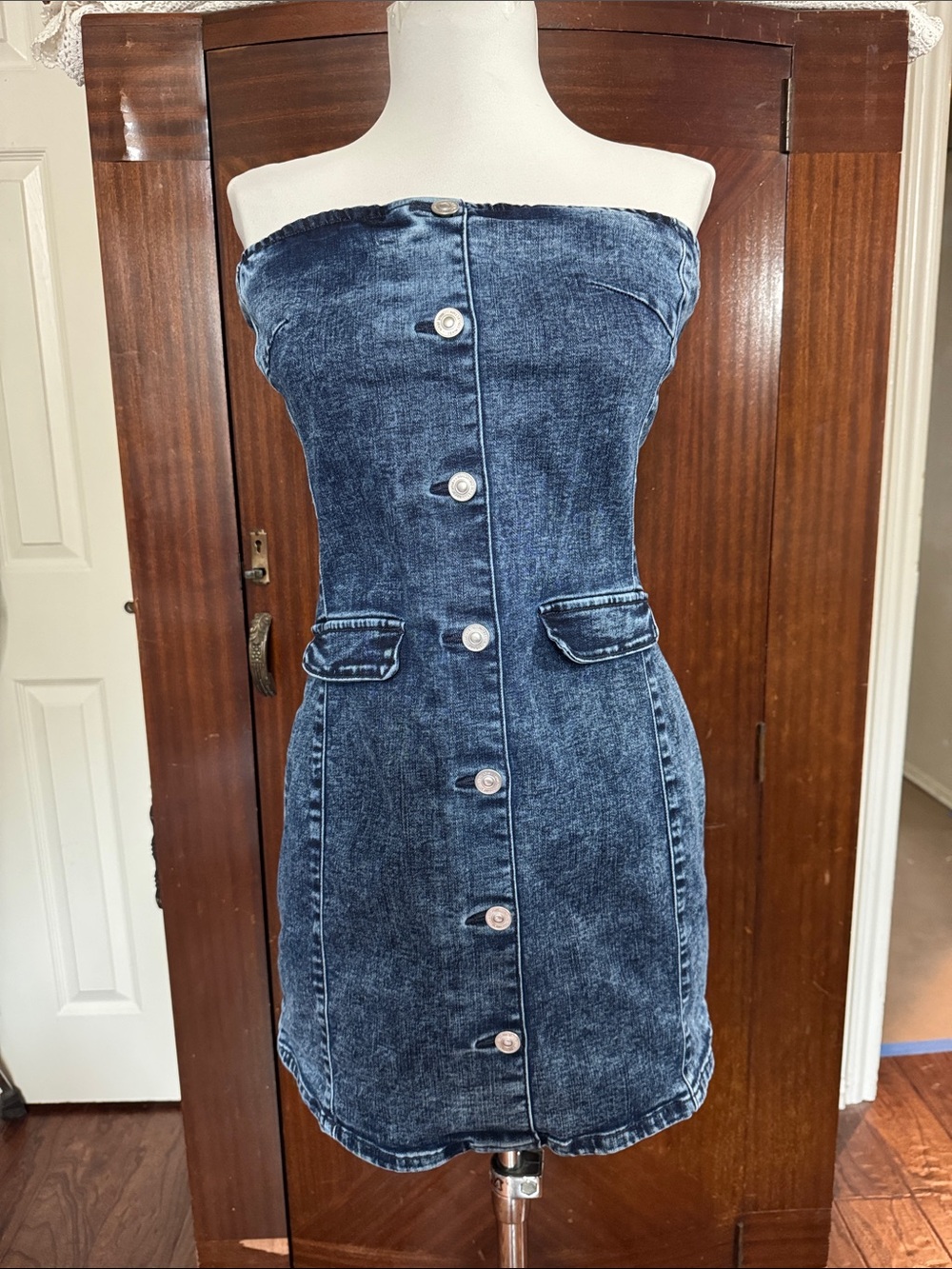 Strapless Button-Front Denim Dress in Dark Blue